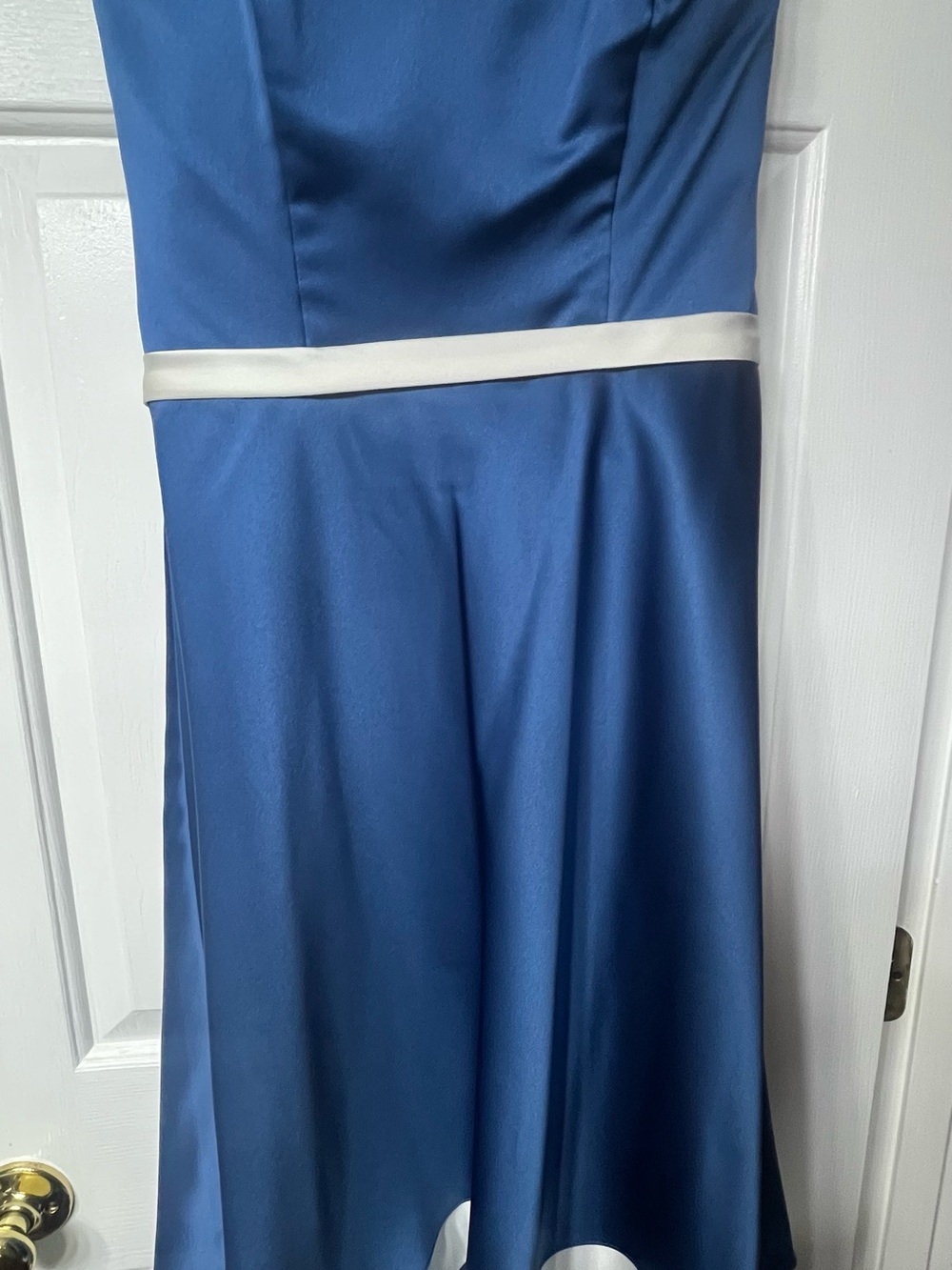 Alfred Angelo Blue Satin Midi Dress with White Waistband